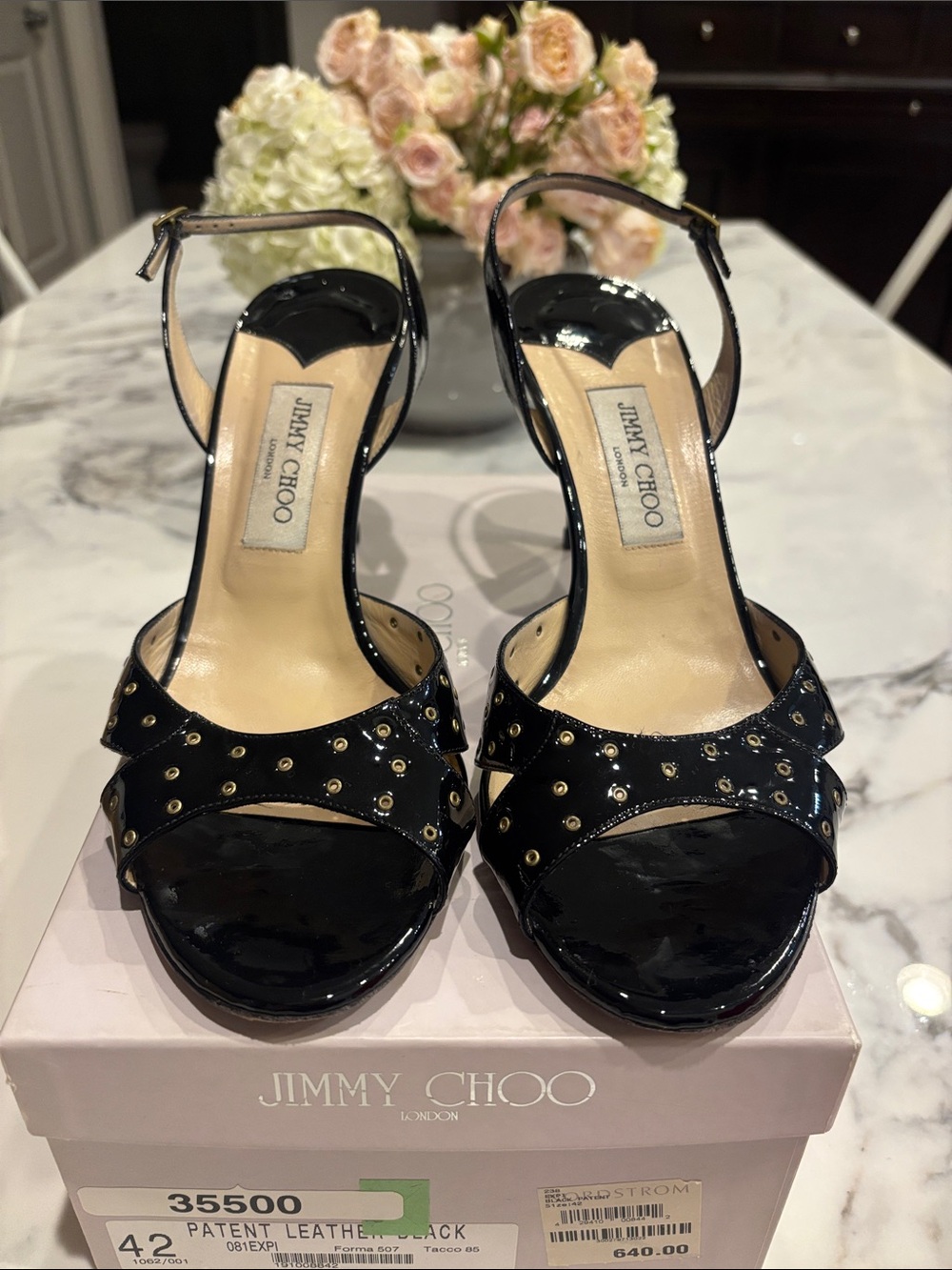 Jimmy Choo Black Patent Leather Studded Open-Toe Heels